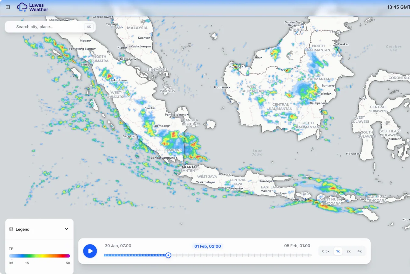 Luwes Weather precipitation map with a colour legend and forecast time selector