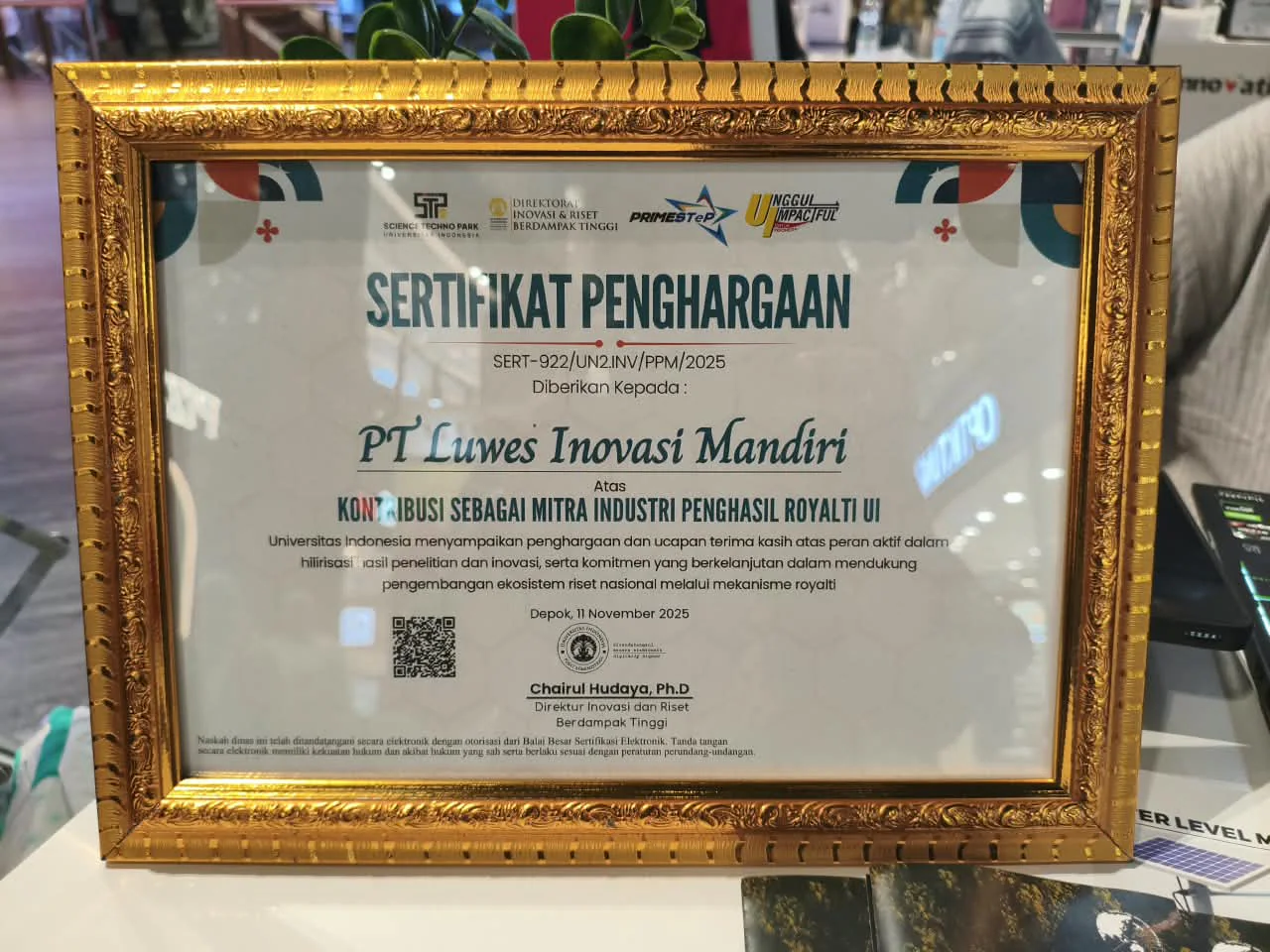 UI industrial royalty contribution certificate, 11 November 2025
