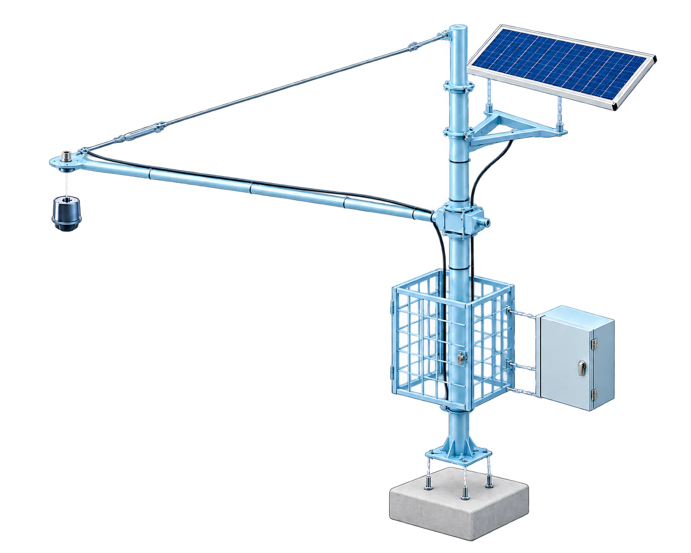 Illustrative exploded view of the AWLR external components: sensor, solar panel, closed control cabinet and mounting mast