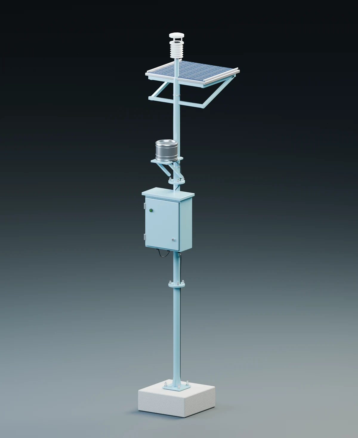 Complete AWS station with weather sensor, solar panel, rain collector, control cabinet and mast base.