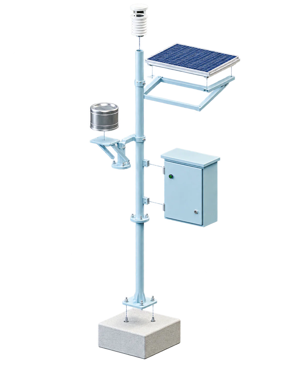 Illustrative exploded view of the AWS external components: sensor, solar panel, closed control cabinet and mounting mast