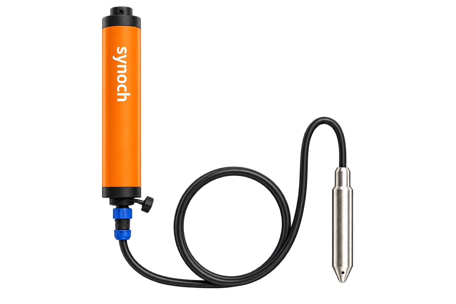 One sealed orange Synoch recorder connected by a cable to one stainless-steel pressure probe