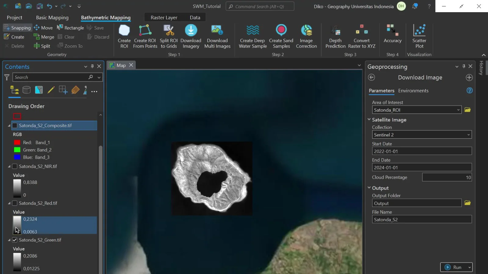 SWM interface showing Sentinel image layers and the imagery download settings