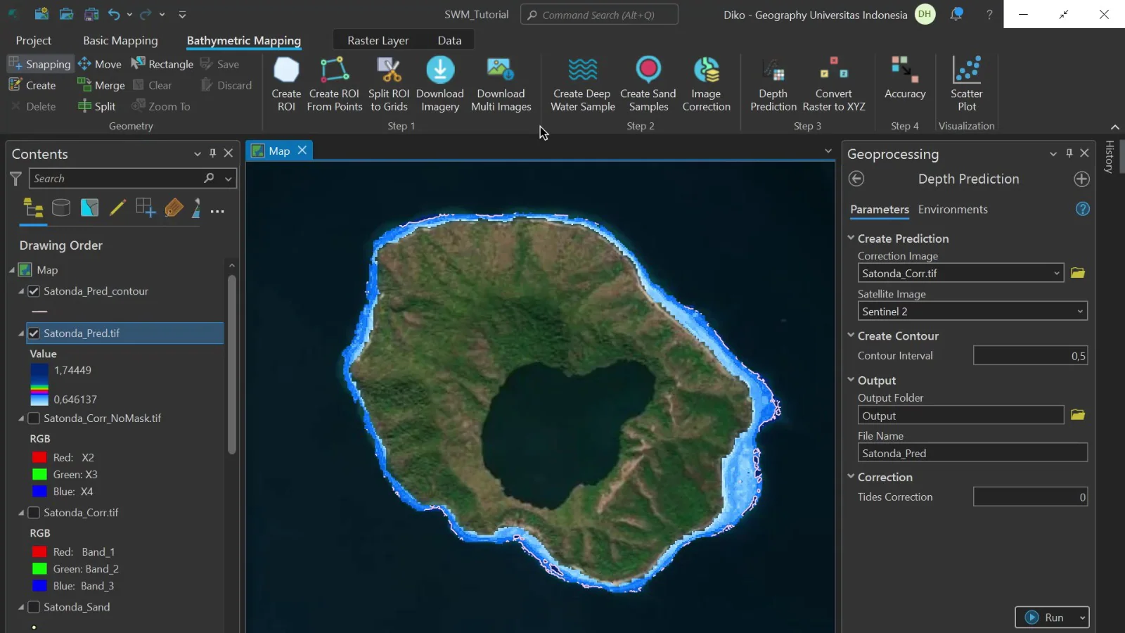 Shallow Water Mapper example showing predicted coastal depth layers and contours around Satonda